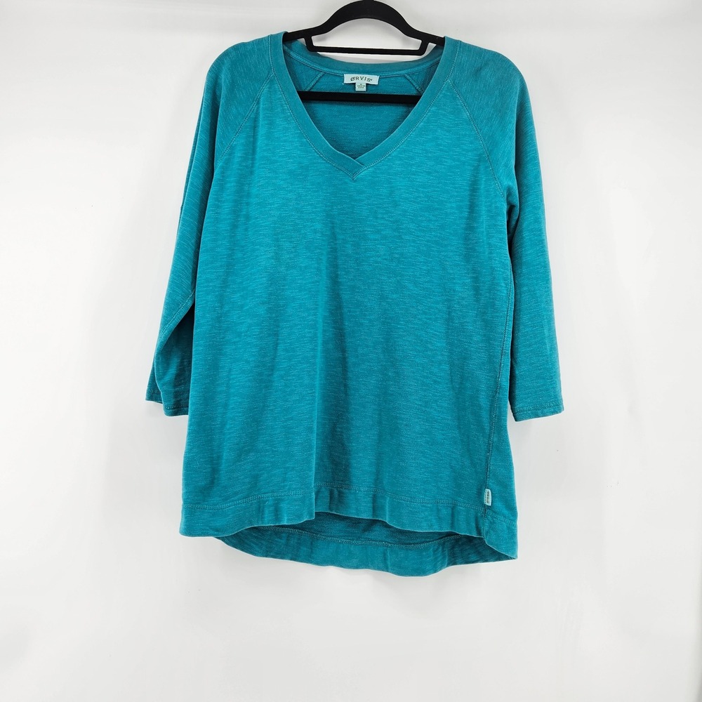 Orvis Womens Teal Blue Slub Knit V-Neck 3/4 Raglan Sleeve Top Size M Comfy